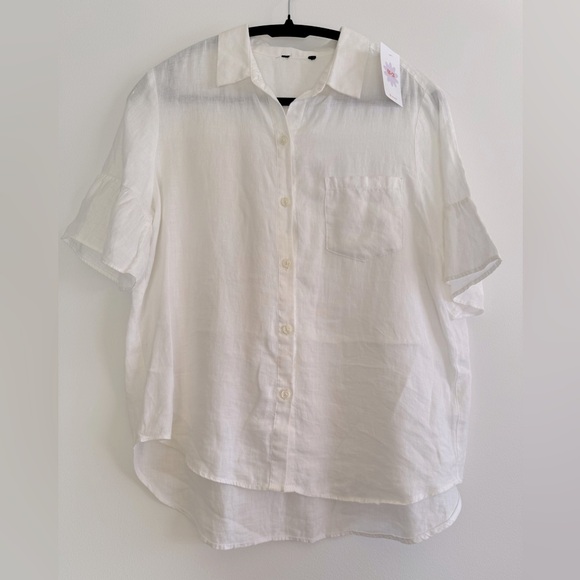 Linen flounced boho sleeve white button up shirt - Picture 1 of 8